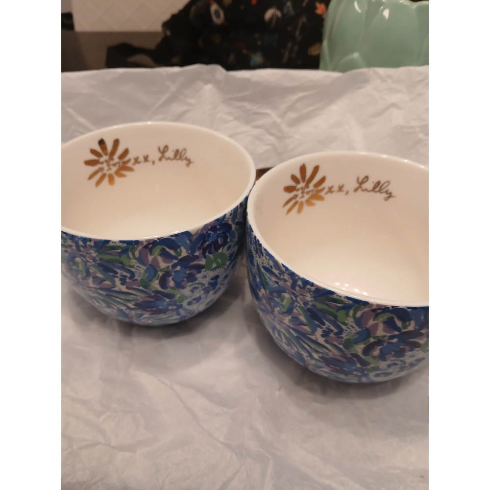 Lilly Pulitzer Set of 2 Ceramic Coffee Tea Mugs Gold Handle Floral Design